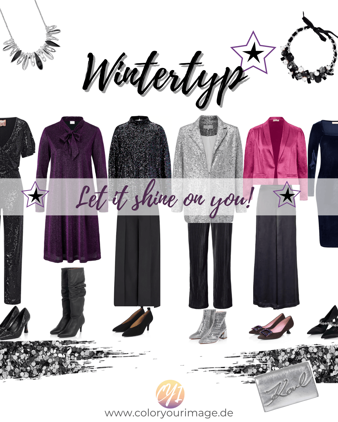 Perfekte Farben für Wintertypen Perfekte Farben und Mode Inspirationen für Wintertypen, festlich, Partylook mit Glanz und Glitzer