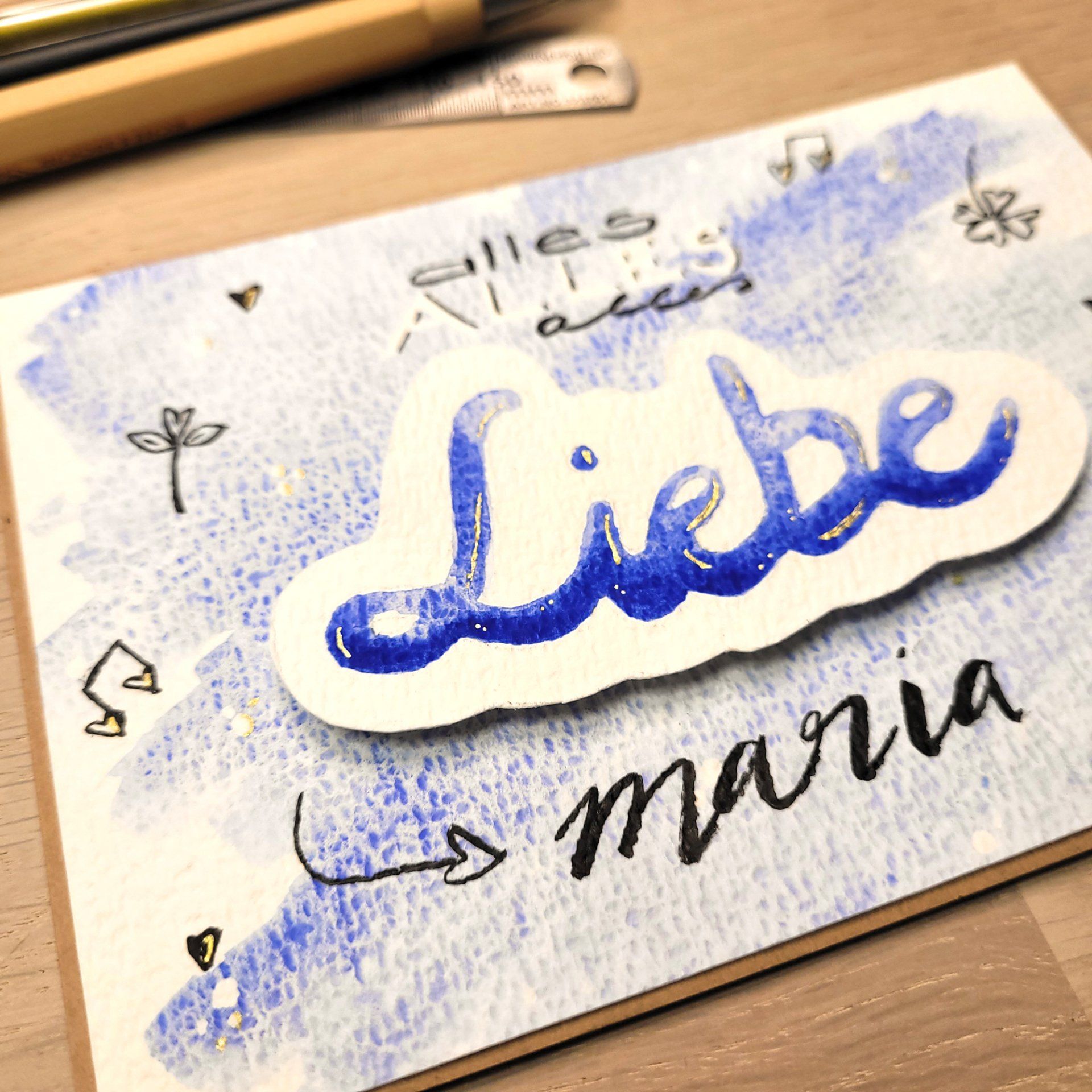 krealie DIY Karte Alles Liebe Aquarell, Fineliner