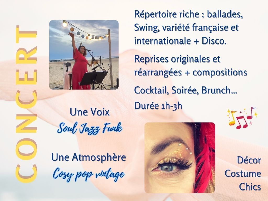 Programmez
La voix, l’humour et le chic de
La Mouette Pas Muette
du swing en tempête !
Une Chanteuse - Comédienne
Cosy Pop Vintage, Chic !
Répertoire riche
Soûl -Jazz - Funk - Disco !
Variété Française et Internationale