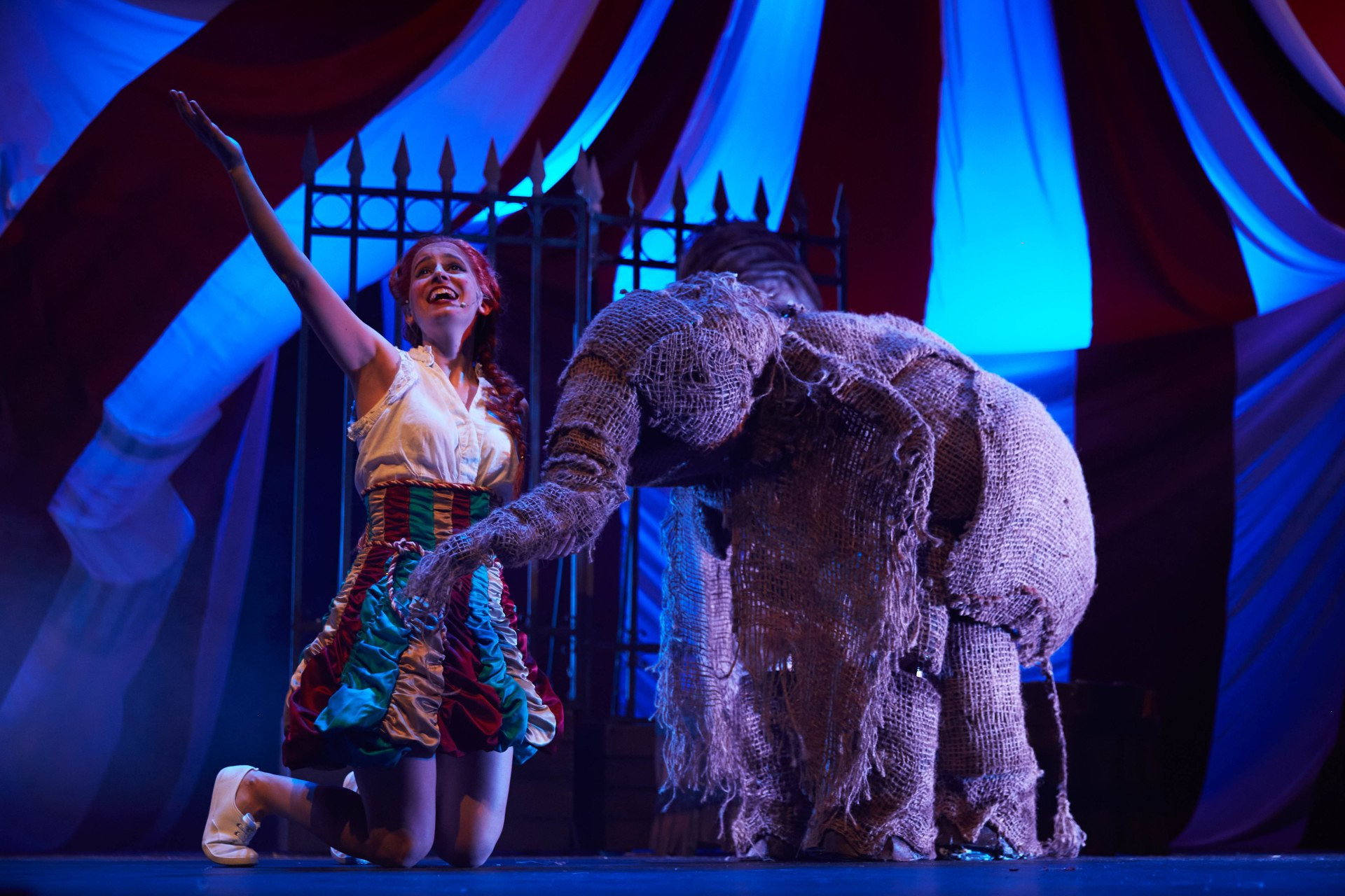 Actress performing with the Dumbo elephant puppet in Dumbo Can Fly Now!, immersive family show by Are You Ready