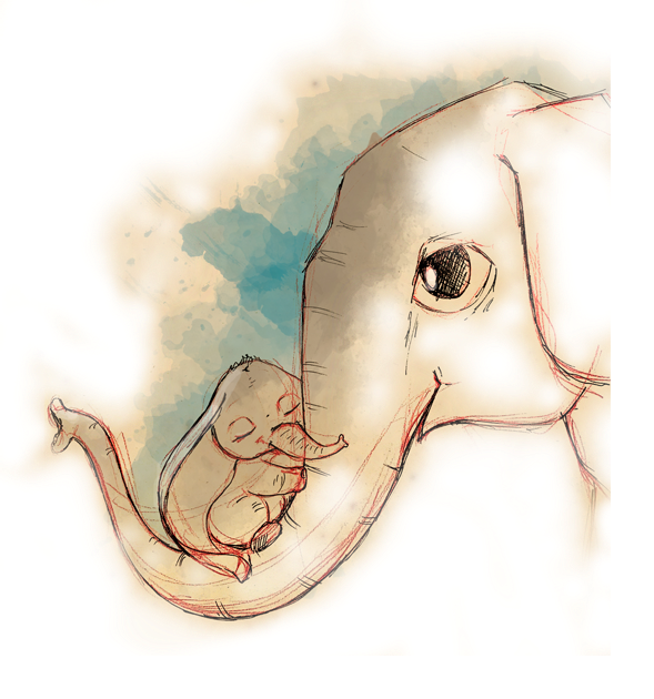 Ilustración en acuarela de un elefante, personaje del espectáculo Dumbo y a Volar! de Are You Ready