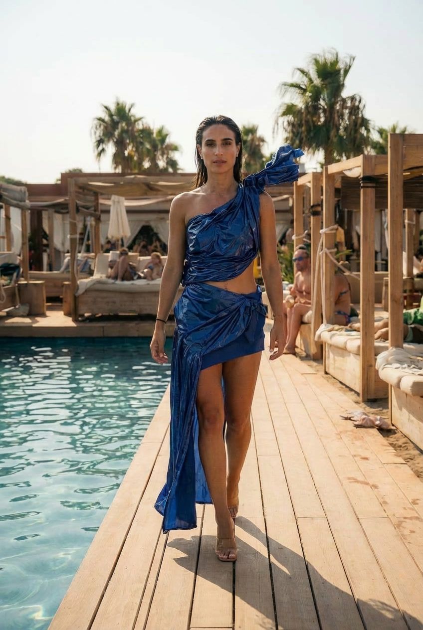Modelo desfilando con vestido de gasa azul en la escenografía de la playa, imagen del espectáculo Oasis de Are You Ready