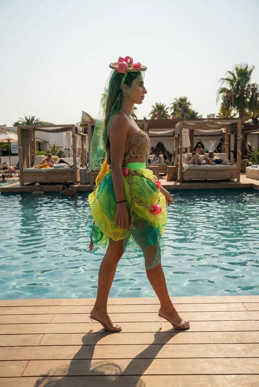 Model in profile wearing a green floral headpiece at the beach set design, image from the Oasis show by Are You Ready