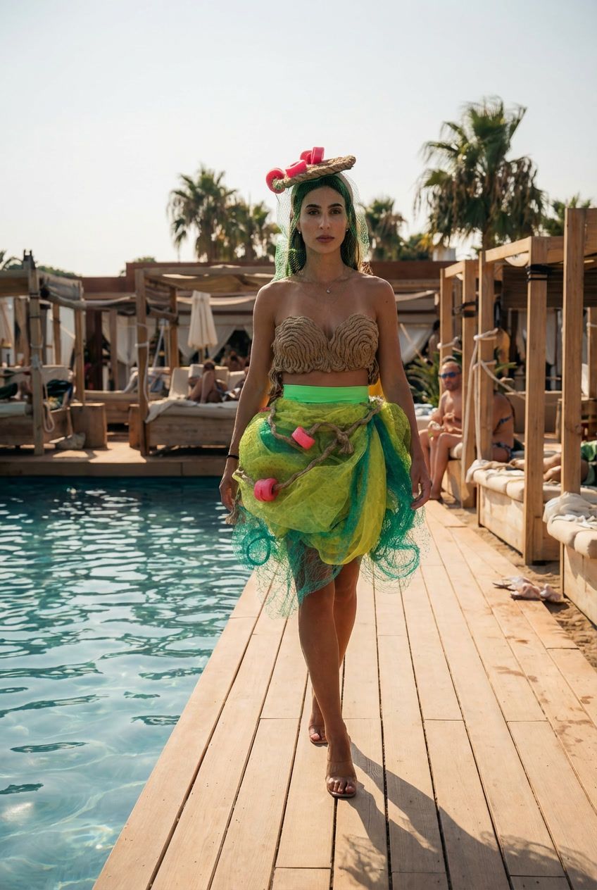 Model wearing a floral headpiece walking through the beach set design, image from the Oasis show by Are You Ready