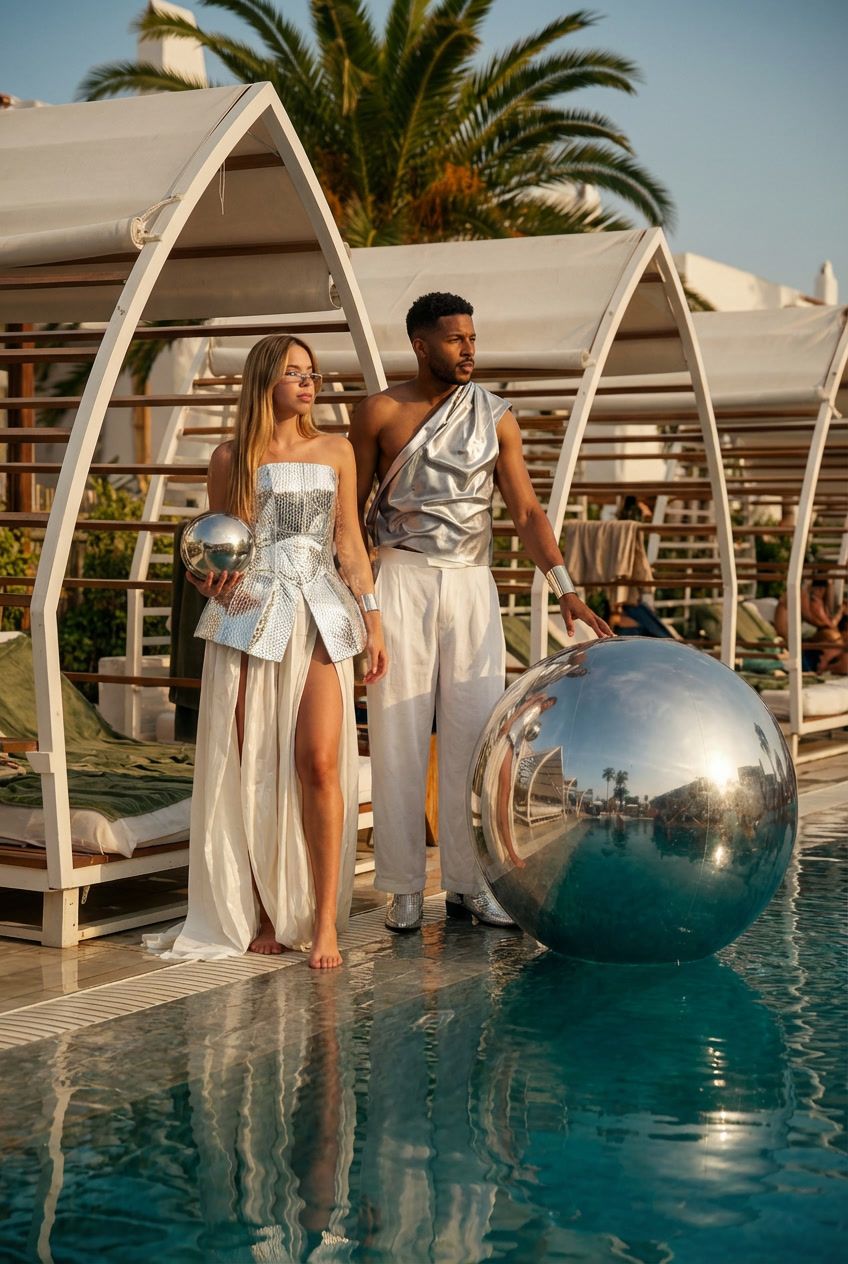 Couple of models under the arch set design by the beach, image from the Oasis show by Are You Ready