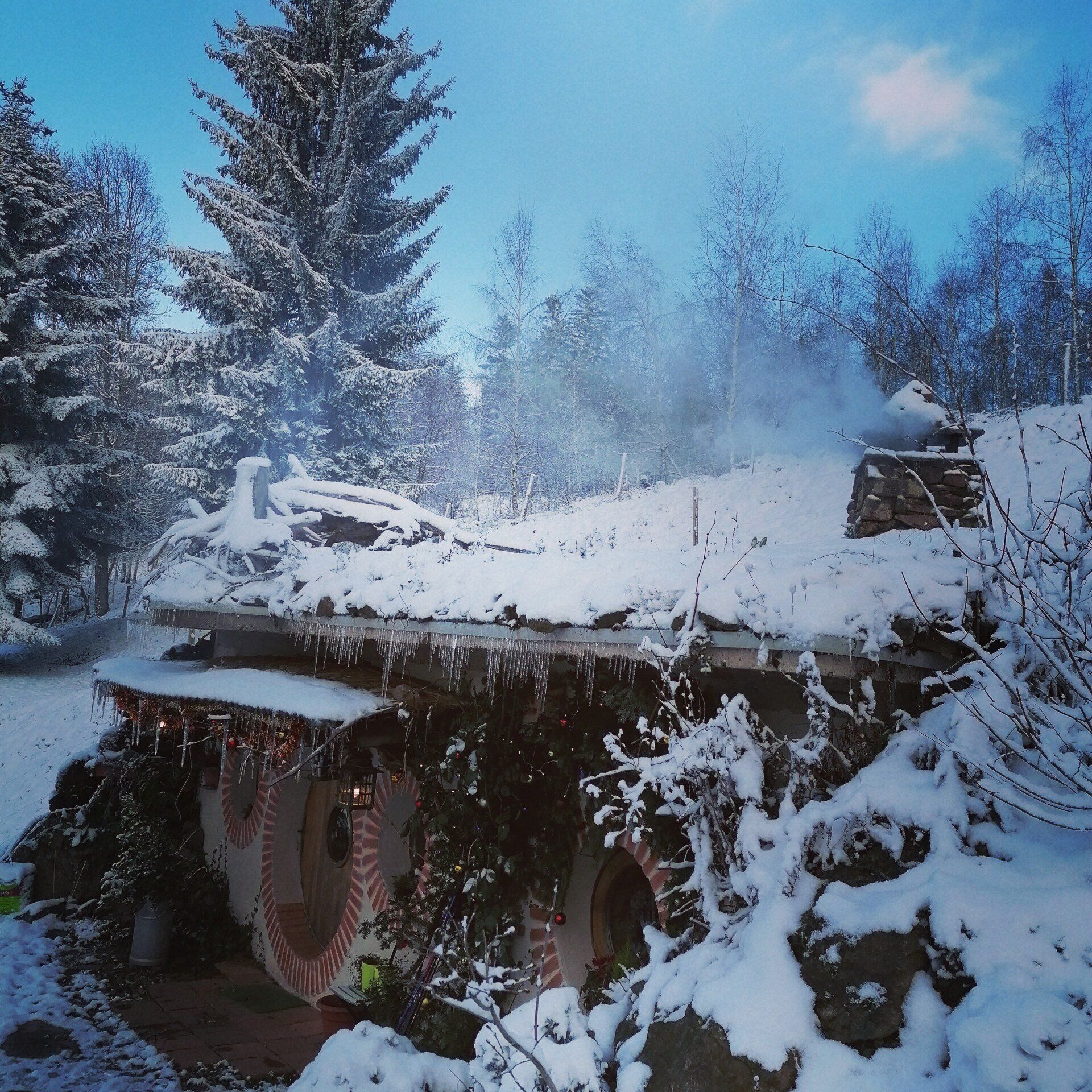 Neige sur la forêt des Vosges maison de hobbit sous la neige