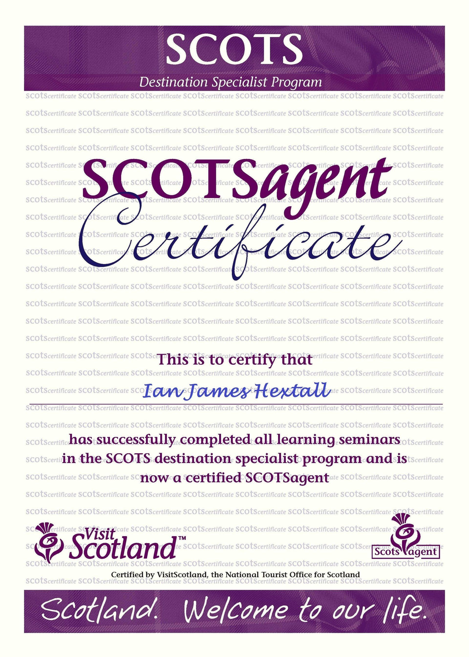 SCOTSagent certificate Ian Hextall UK GENEALOGY COM