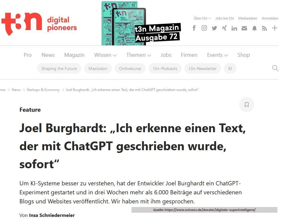 Screenshot des Original-Artikels bei t3n