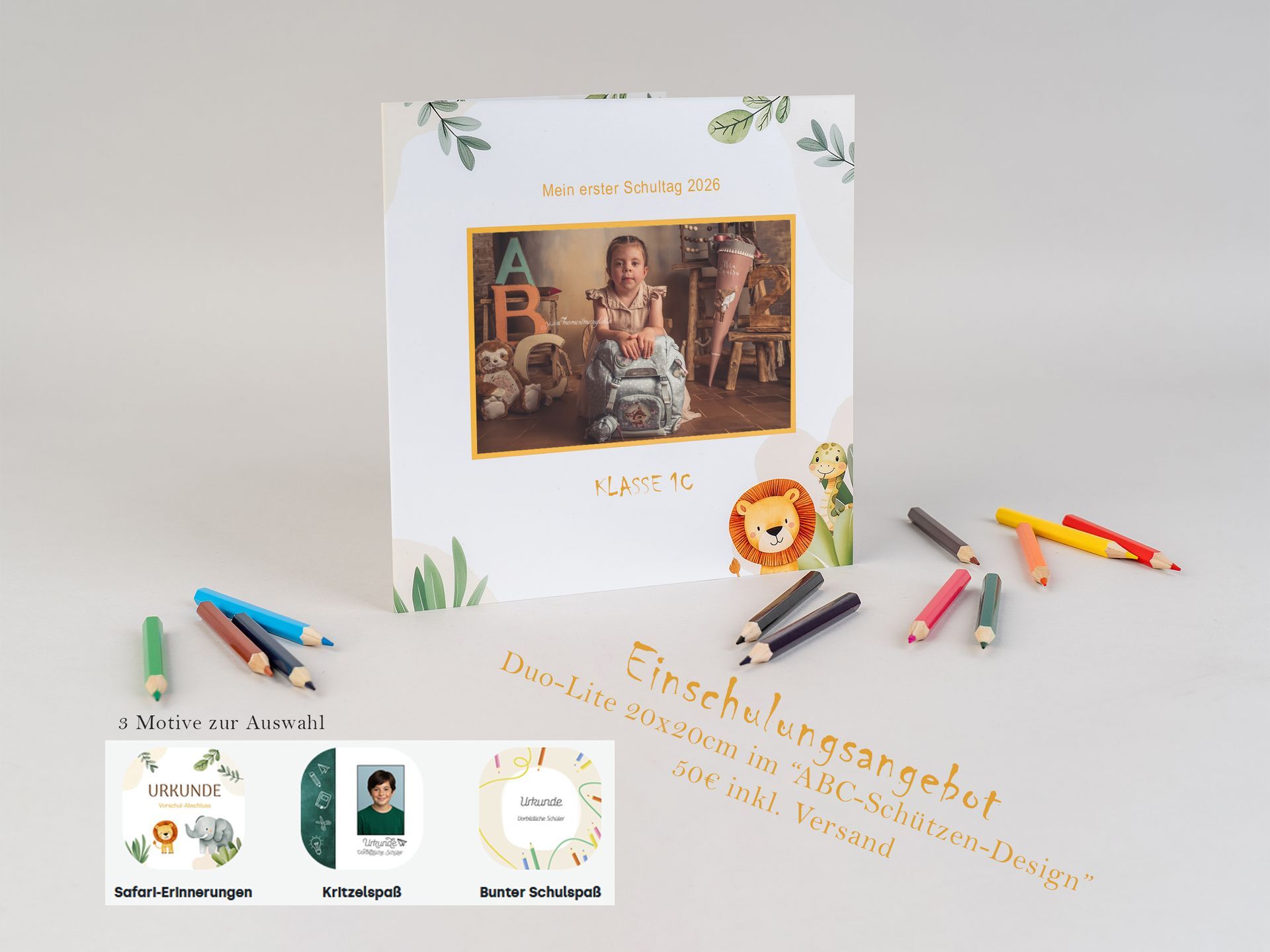 Duo-Lite Duo-Lite Fotoprodukt 2 seitiges Fotobuch zum aufklappen im kindlichen Design passend zur Einschulung