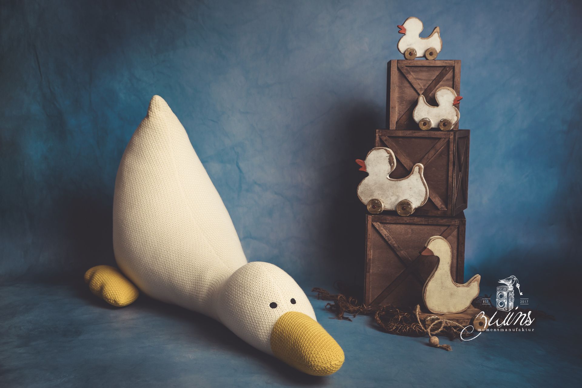 Kinderfotoset mit blauem Hintergrund, Enten-Sitzhocker, braunen Kisten und weißen Holzenten