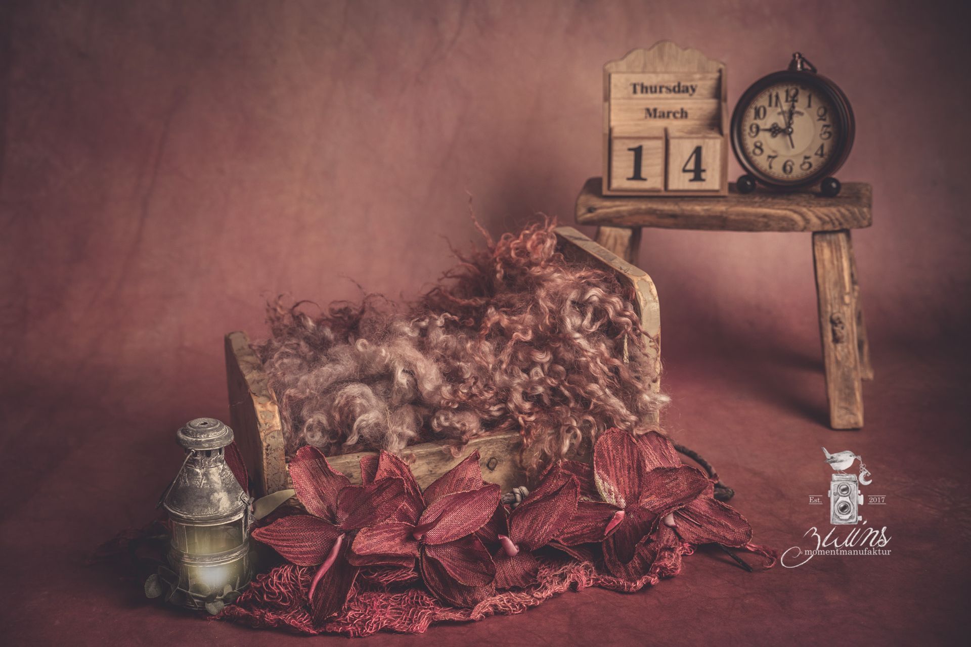 Newbornshooting in Alveslohe im Fotoset mit Holzbett und Magnolien