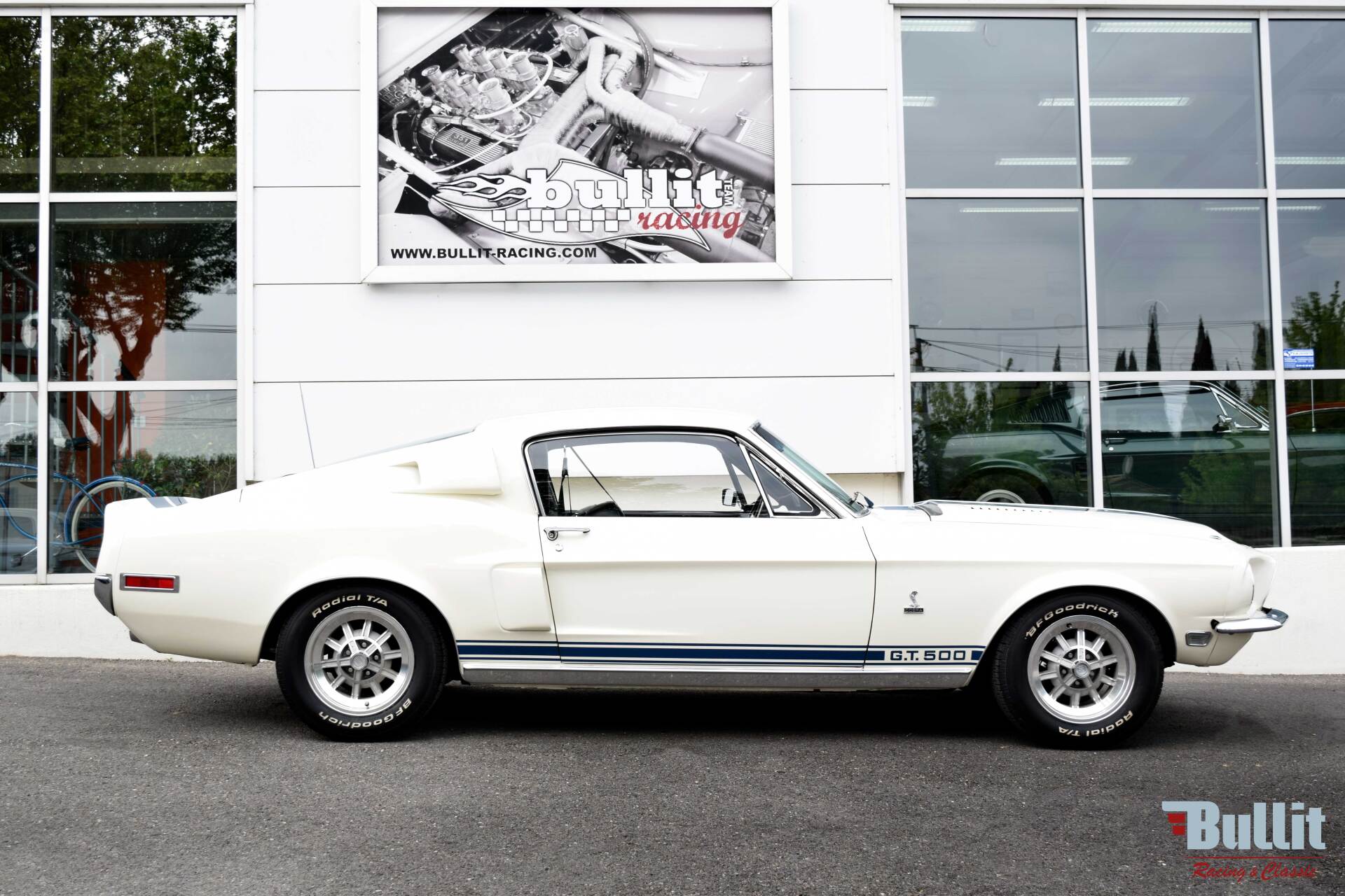 Mustang SHELBY GT 500 de 1968 blanche avec bandes bleues vue de profil droit