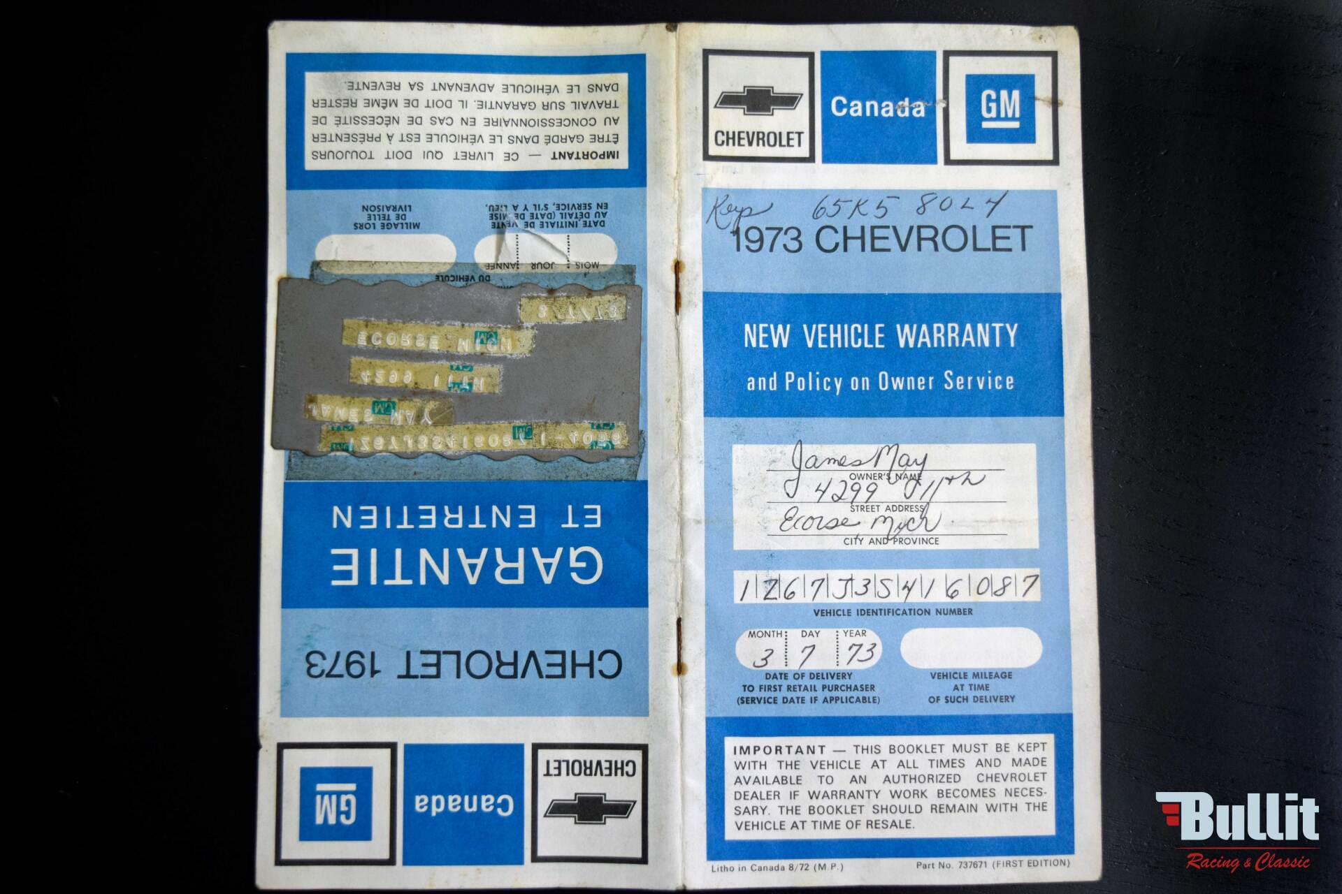 livret Chevrolet Corvette C3 Stingray cabriolet ELKHART GREEN de 1973