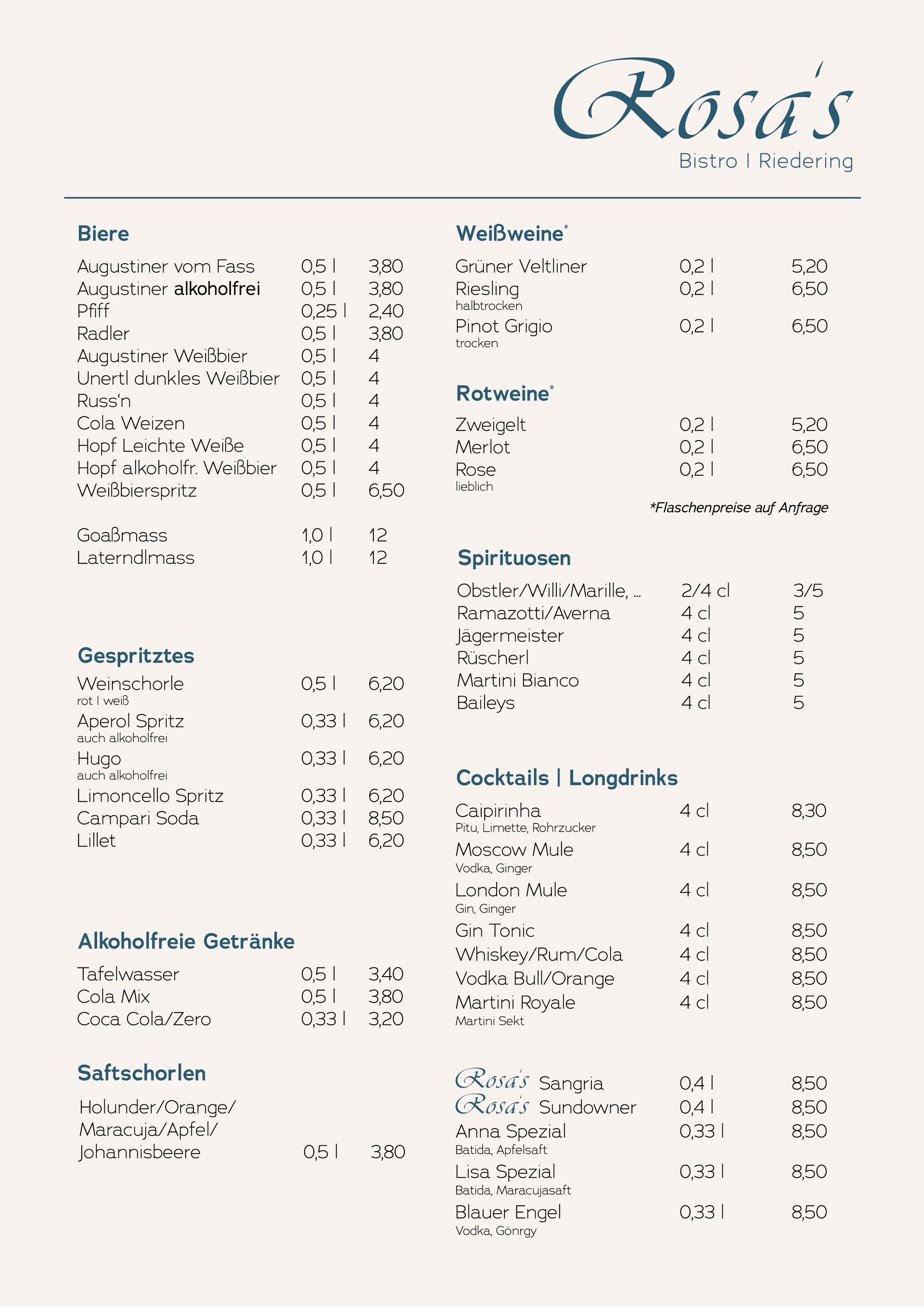 Getränkekarte Rosa Getränkekarte Rosa´s Bistro Riedering bei Rosenheim