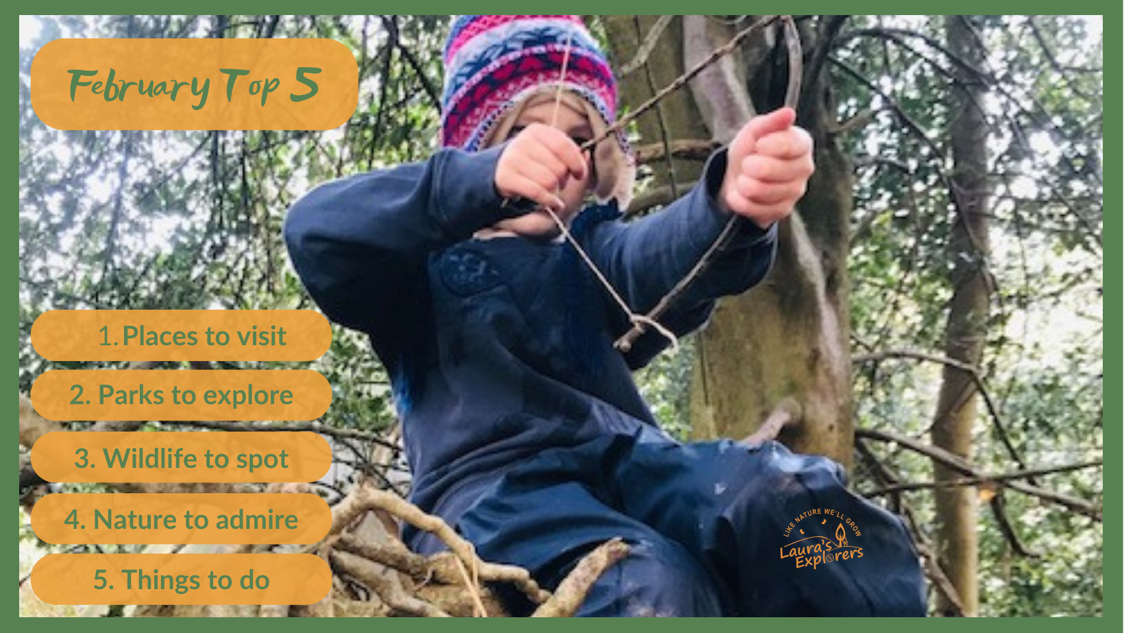 Child playing in a tree with a homemade bow and arrow