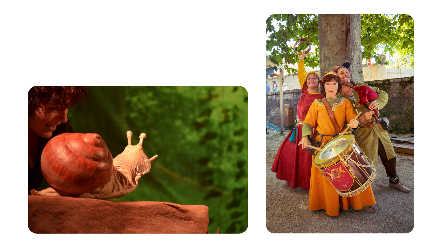 duo d'image Chlouc et sa marionnettiste et 3 musiciens en costumes médiévaux