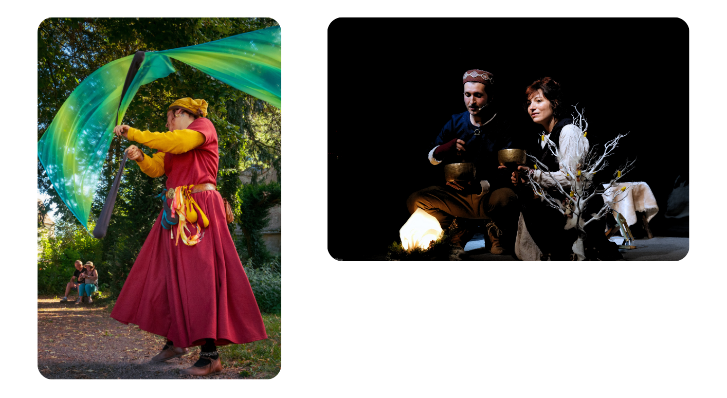 duo d'images jongleuse au foulards en costume médiéval et duo conteuse musicien