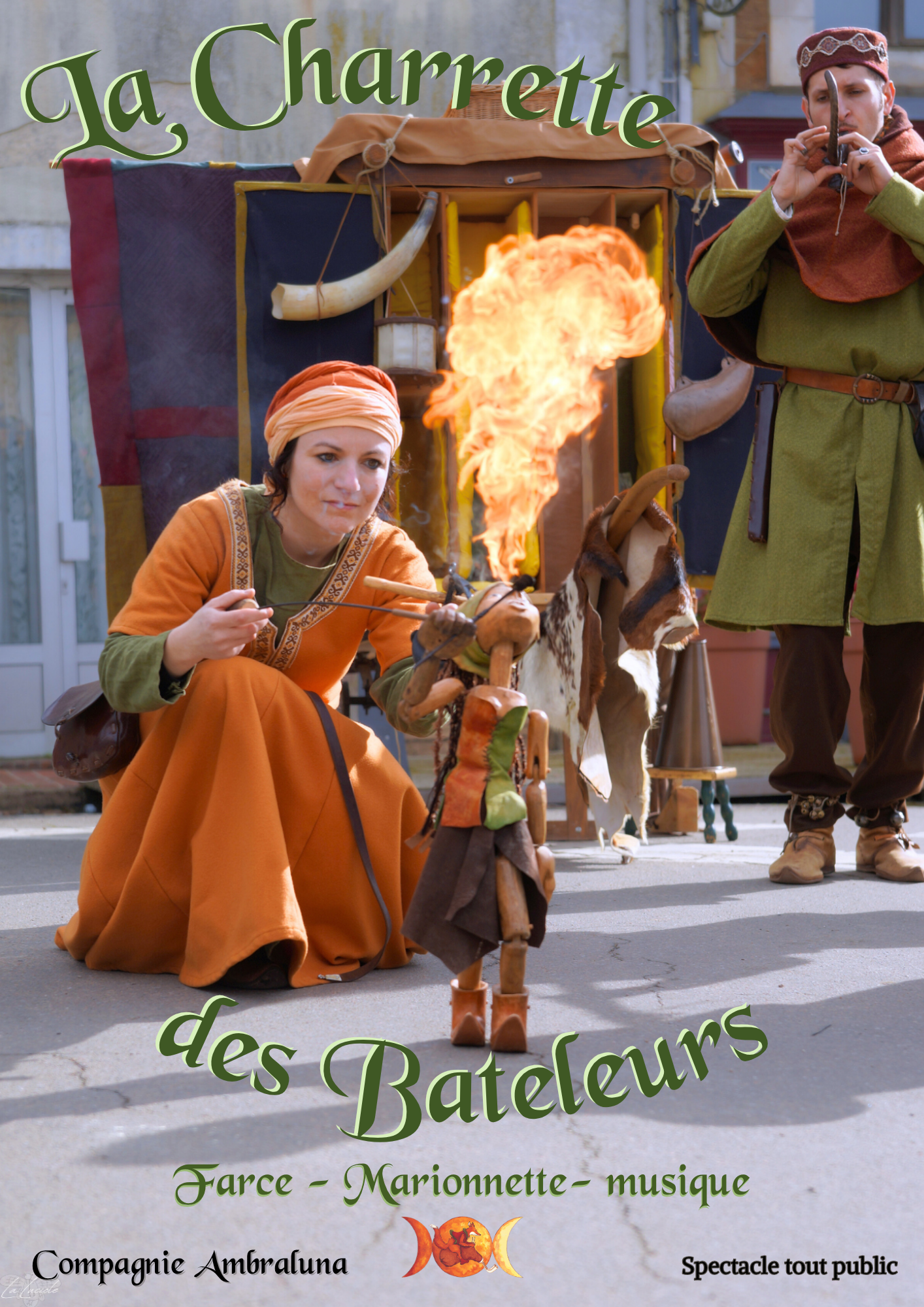 Affiche du spectacle La Charrette des Bateleurs (spectacle de rue farce musique et marionnettes)