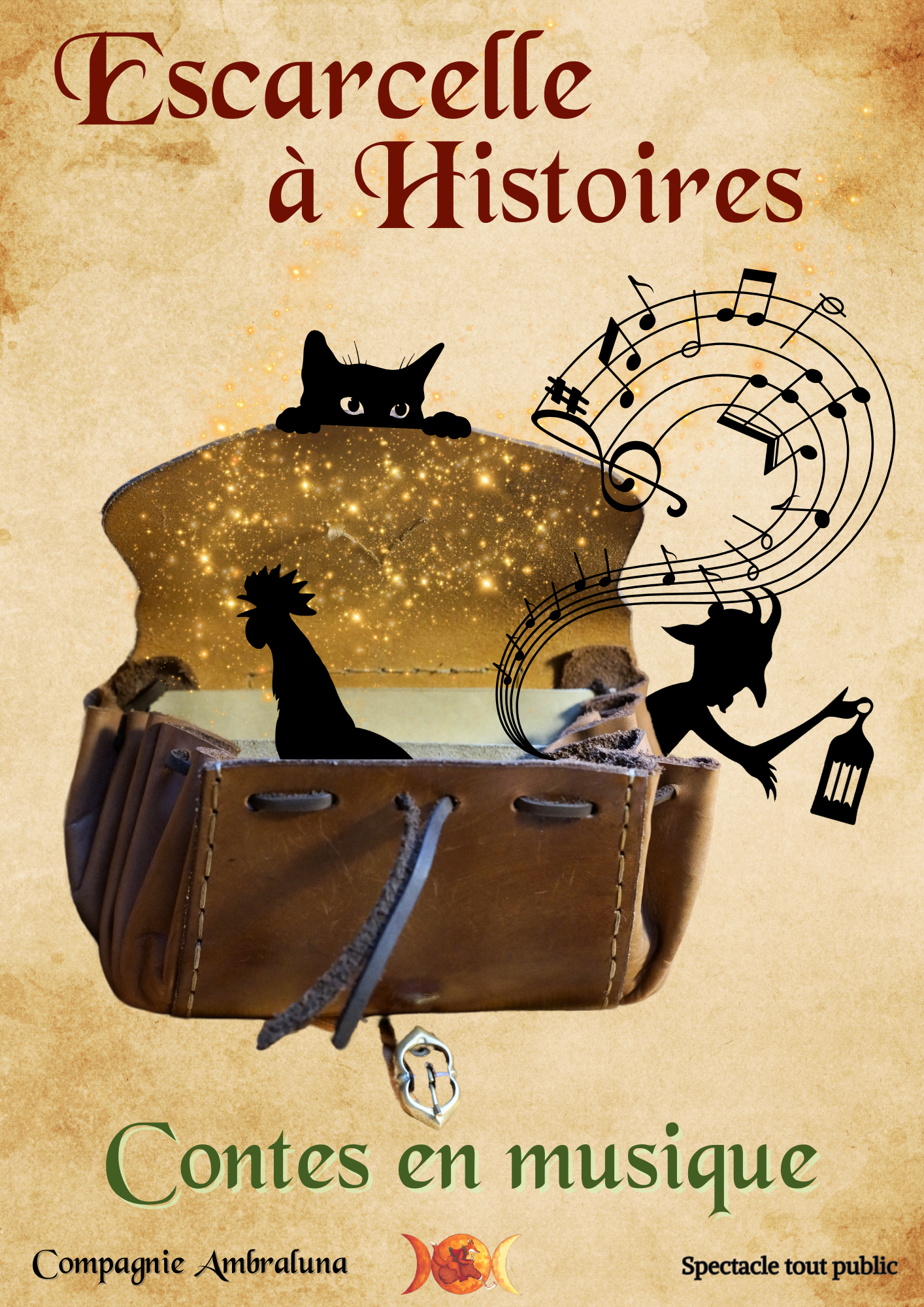 affiche spectacle Escarcelle à Histoires Ambraluna silhouette tout public parchemin notes musique fabliaux contes