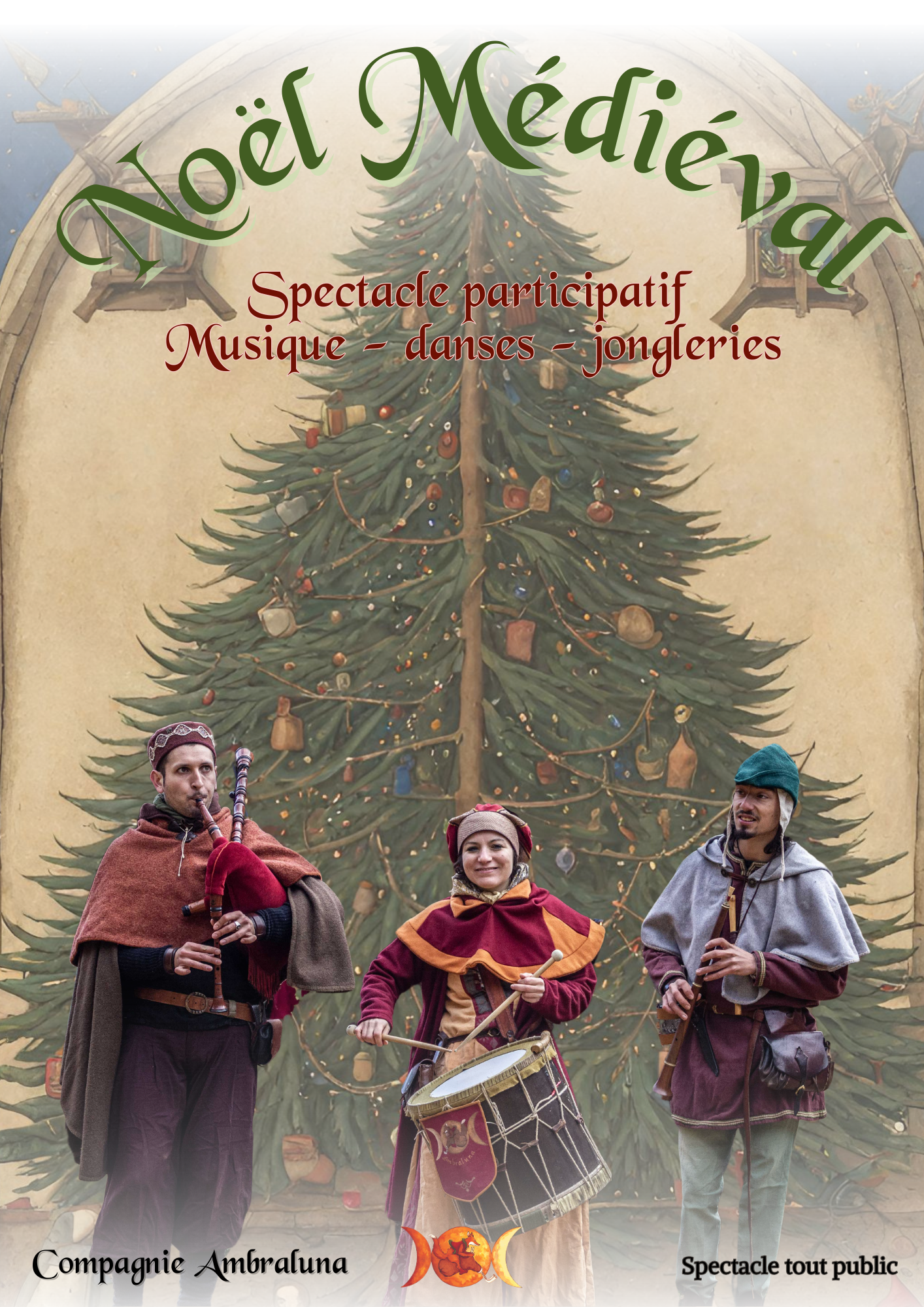 affiche spectacle Noël Médiéval Ambraluna trois musiciens cornemuse flûte tambour costume médiéval arbre de noël participatif