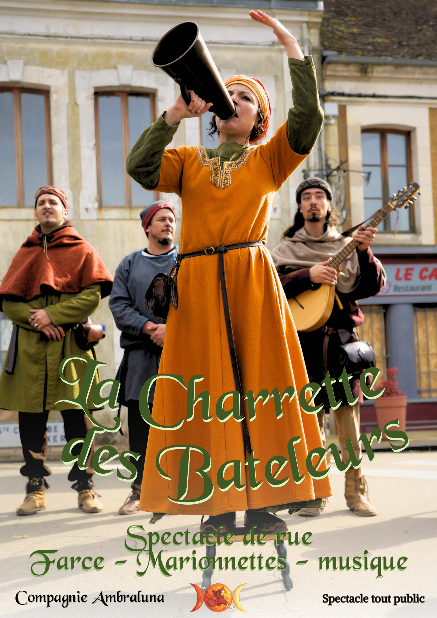 Affiche du spectacle La Charrette des Bateleurs (spectacle de rue farce musique et marionnettes)