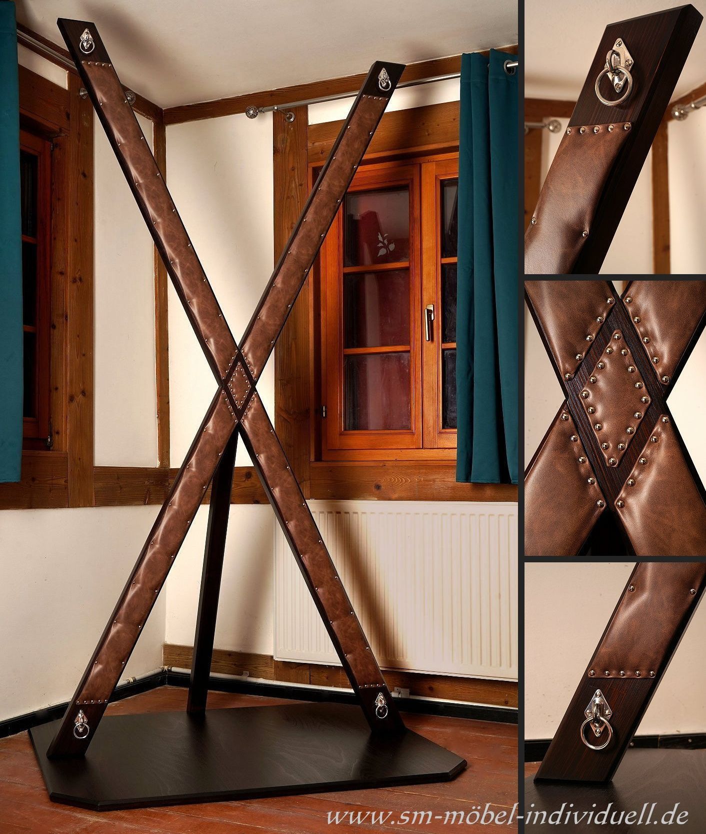 Haus der Leidenschaft im Schwarzwald Standkreuz gepolstert , Andreaskreuz mit Bodenplatte , BDSM-Kreuz freistehend