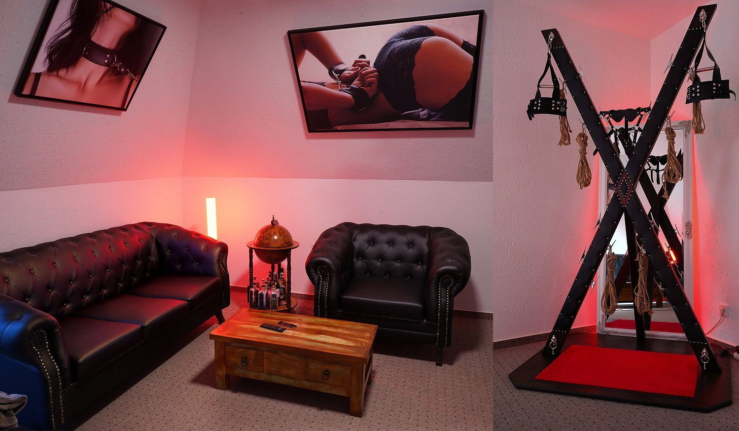 Andreaskreuz mit Bodenplatte ,
Standkreuz gepolstert ,
BDSM-Kreuz gepolstert