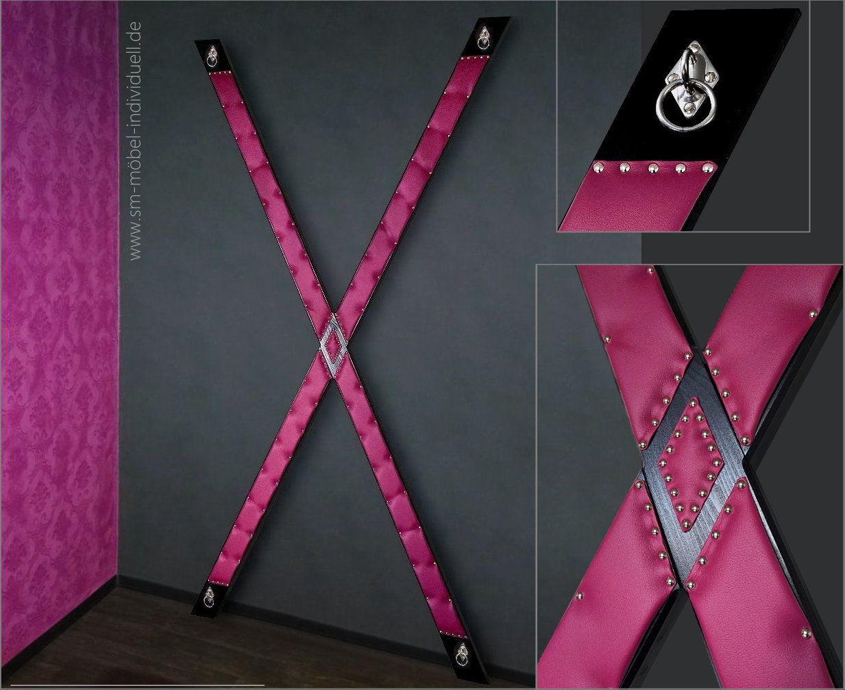 Andreaskreuz Schwarz-Lila ,
Wandkreuz magenta gepolstert ,
BDSM-Kreuz Lila gepolstert ,
Andreaskreuz Lila gepolstert