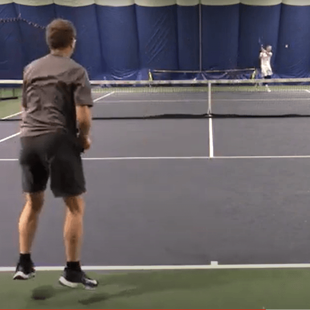 Do a split step each time the ball contacts your opponent's racquet strings Image of a player doing a split step