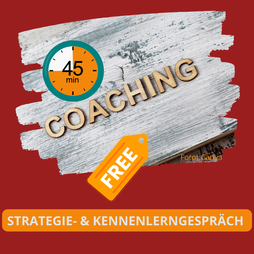 Kurzcoaching Foto mit einem Schild mit einer 45 Minuten Uhr und dem Wort Coaching und einem Preisschild mit der englischen Aufschrift FREE