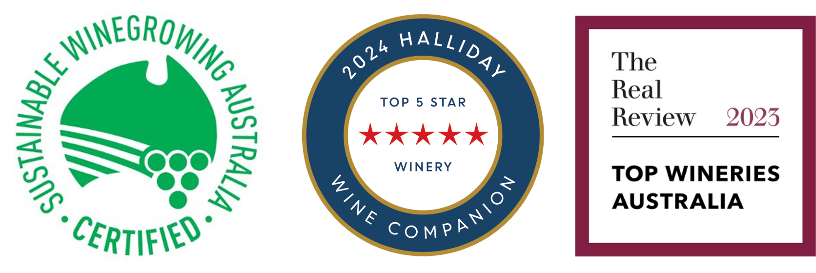 Sustainable winegrowing australia trust mark, five red stars halliday wine companion roundel, top wineries australia by the real review logo