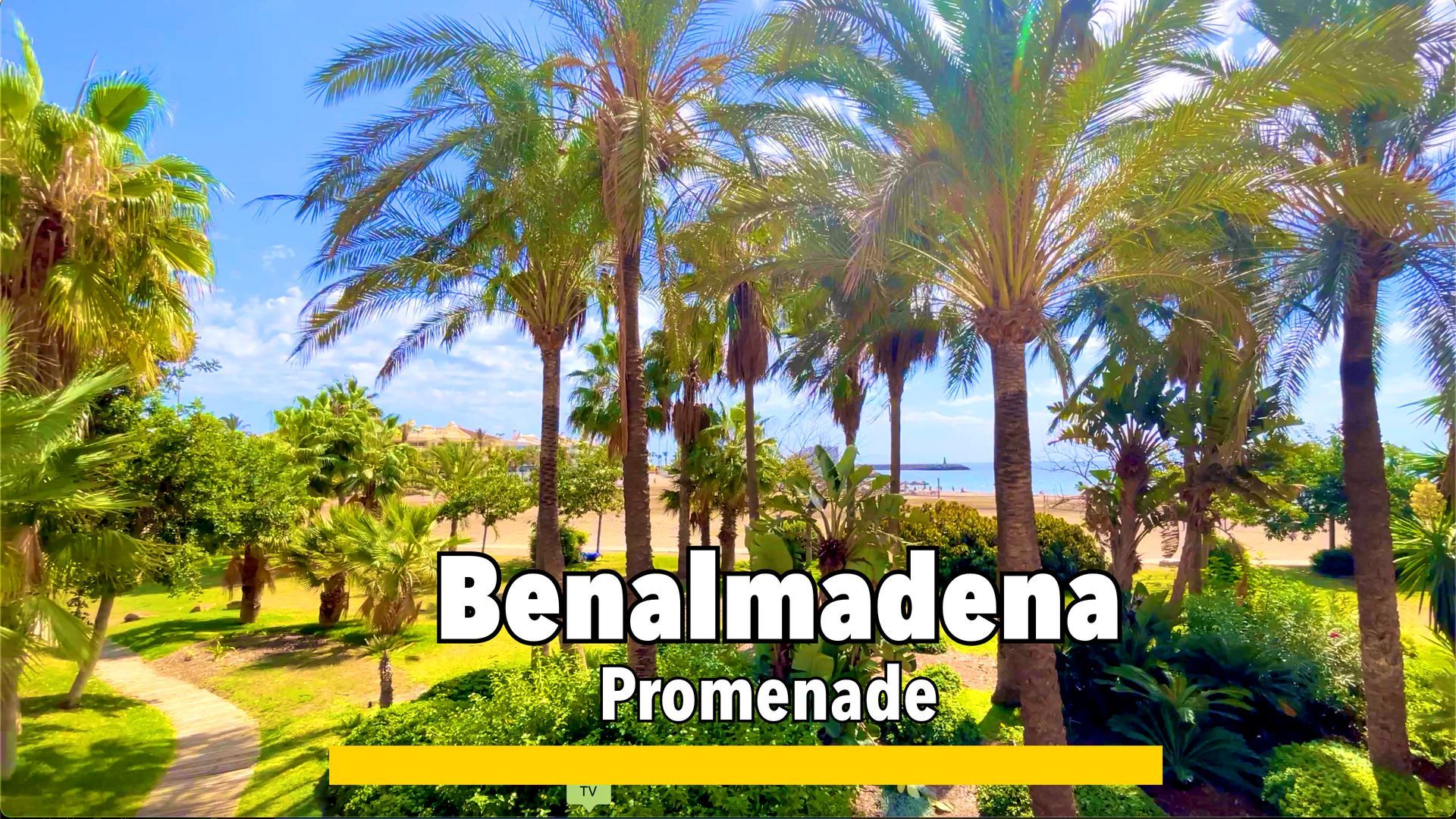 Benalmádena promenade, a scenic coastal walkway with views of the Mediterranean, lined with cafes, shops, and palm trees