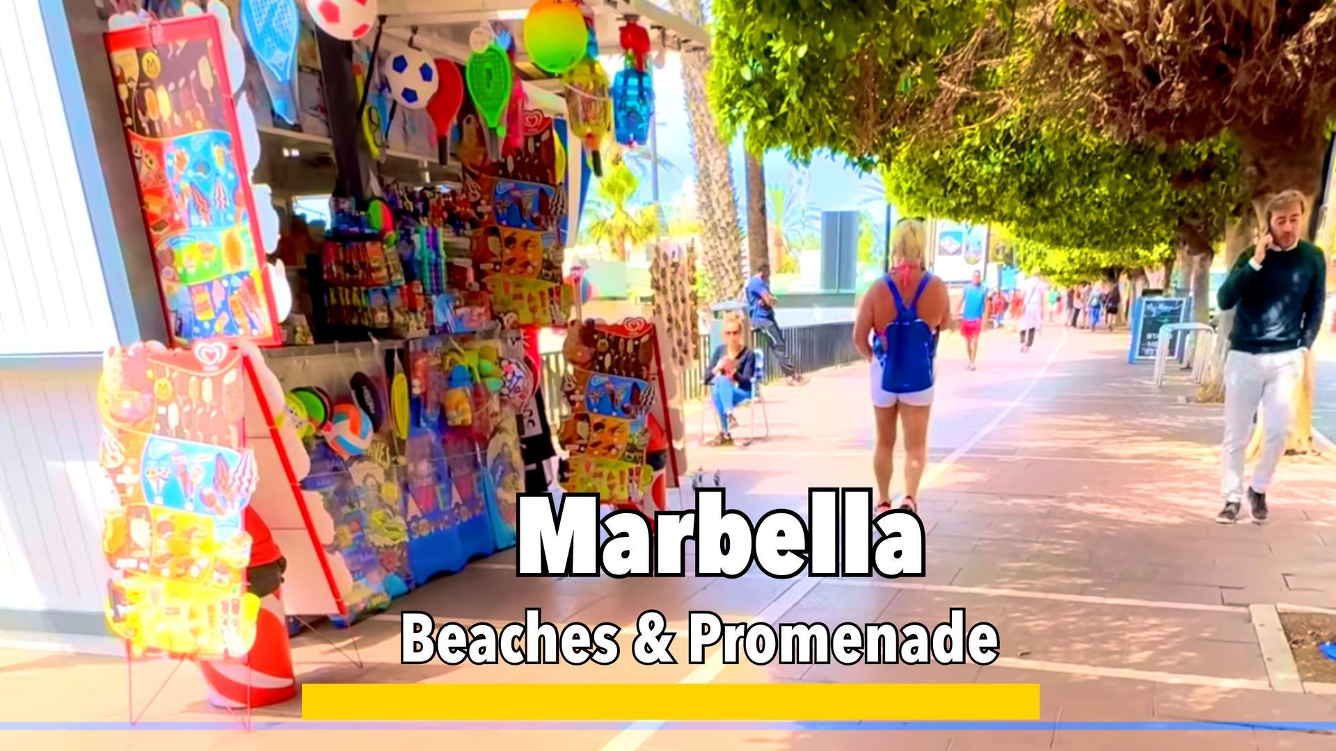 Marbella promenade along the beach, with palm-lined walkways, golden sands, and views of the Mediterranean Sea
