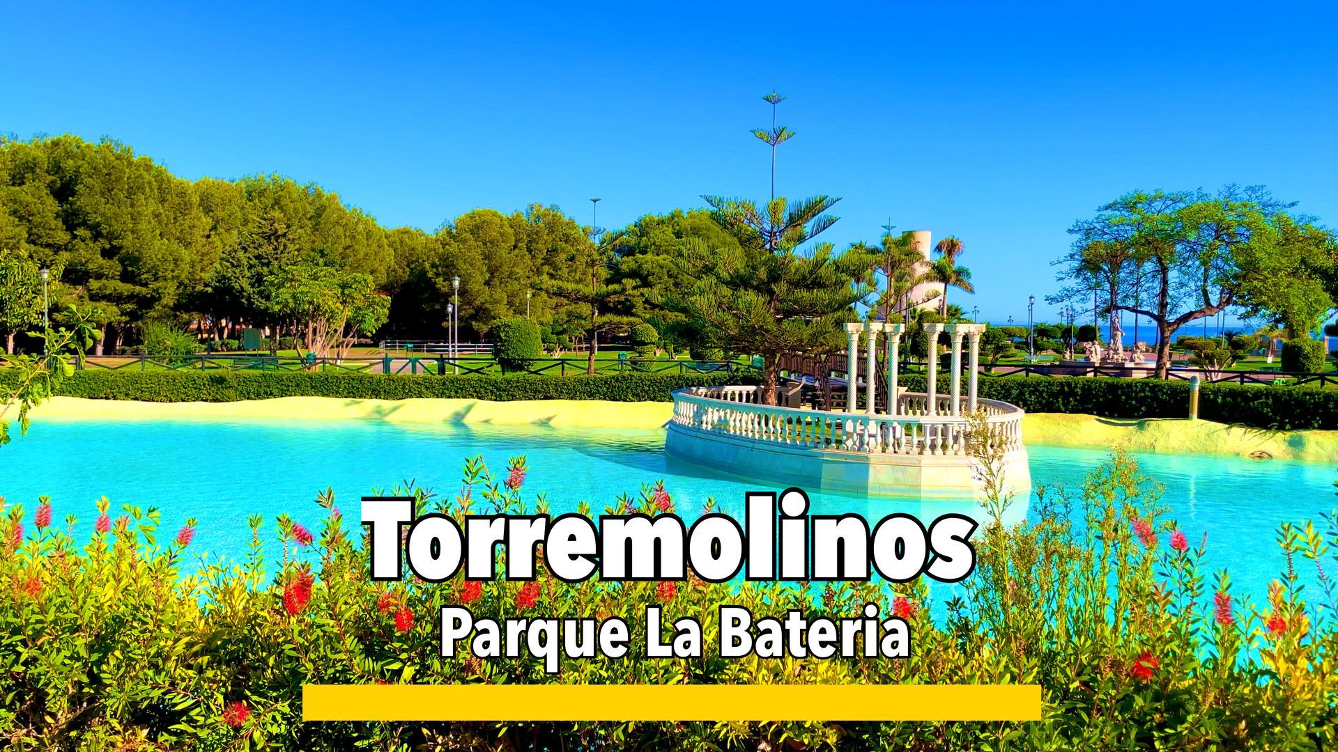 Parque La Batería in Torremolinos, a beautiful park with a large lake, walking paths, playgrounds, and scenic views of the coastline