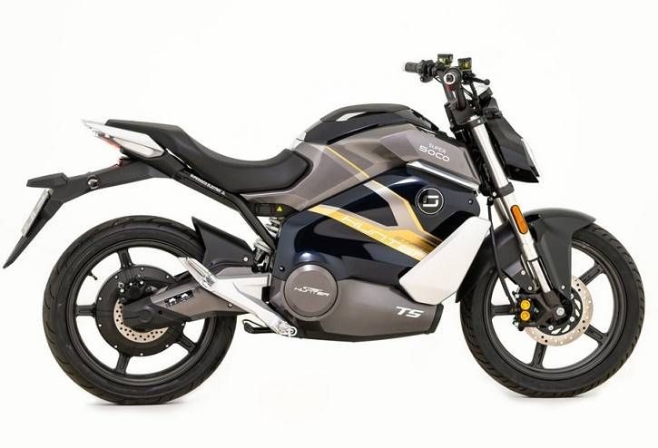 Elektroroller und Motorräder von Super Soco Elektromopped Super Soco TS Street Hunter in blau seitlich stehend