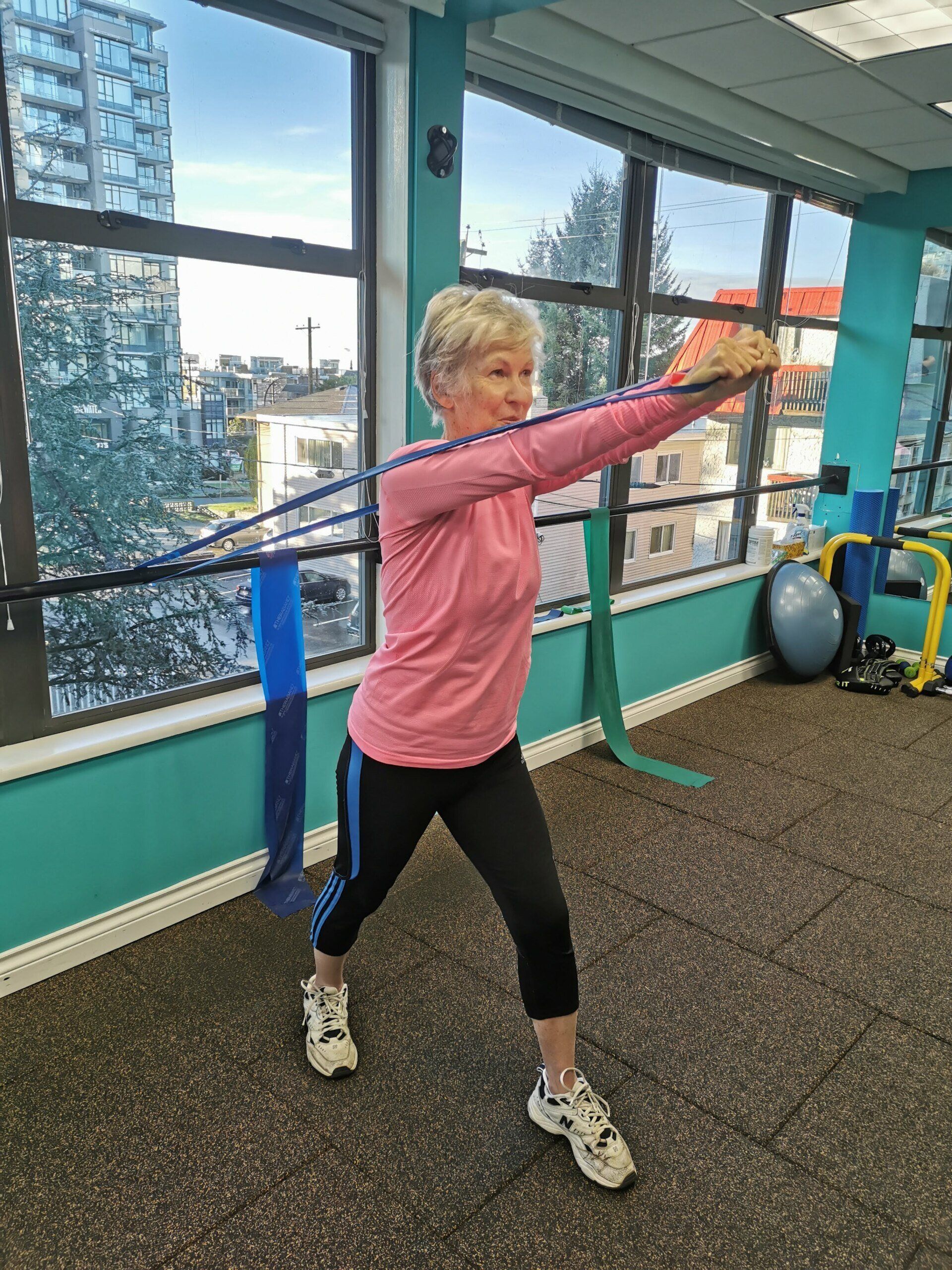 Bev is keeping strong with some banded presses! Senior Band Exercise