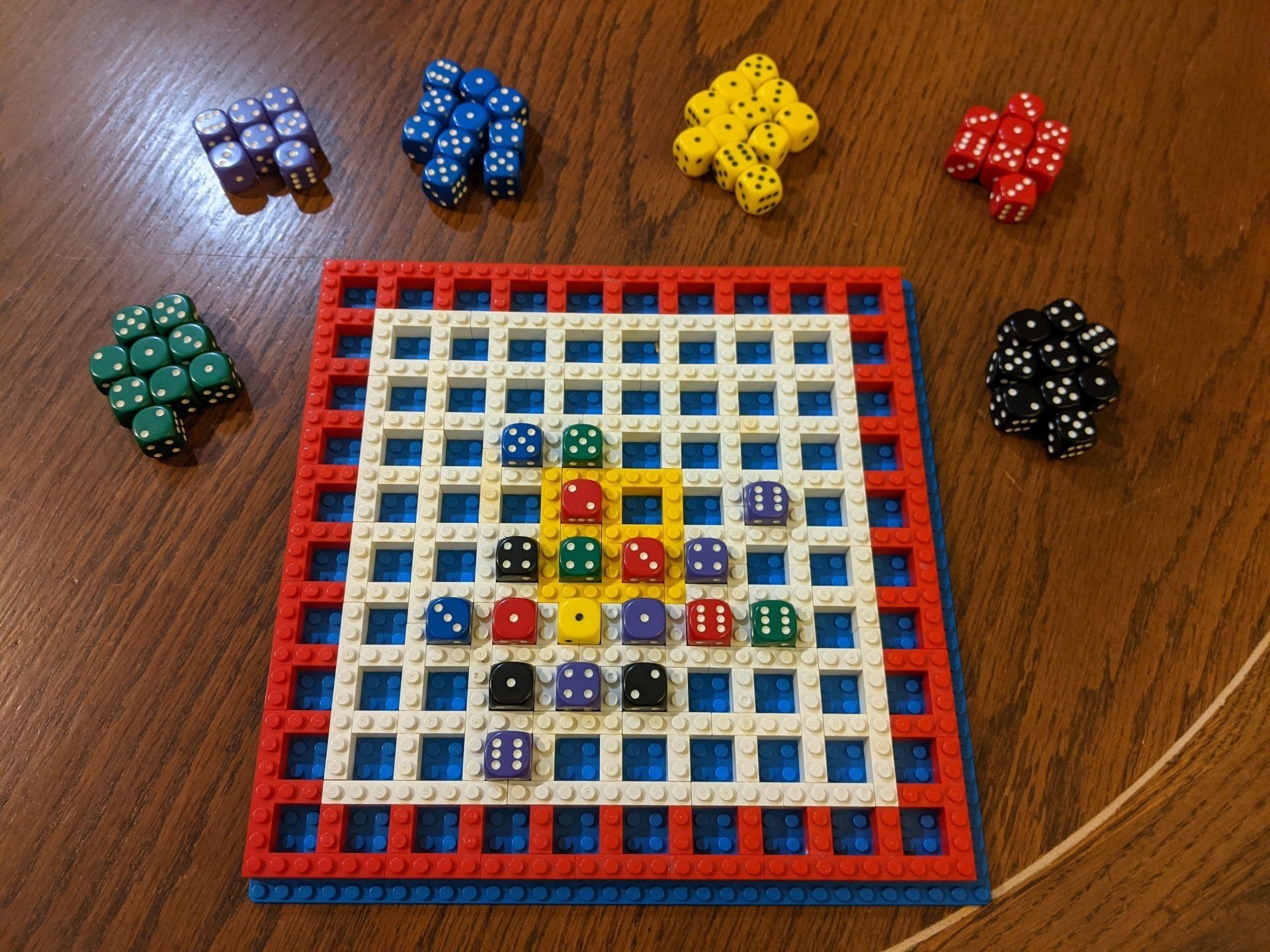 The second prototype of the game that eventually became Flanxiety. The rules have changed very little since then, apart from the max players dropping to 4. It's also no longer made of Lego, but I keep this prototype as a milestone.