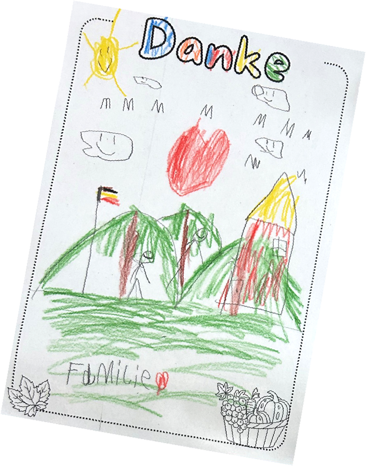 Kinderzeichnung mit Bäumen, Haus, Herz, Sonne und dem Wort Danke