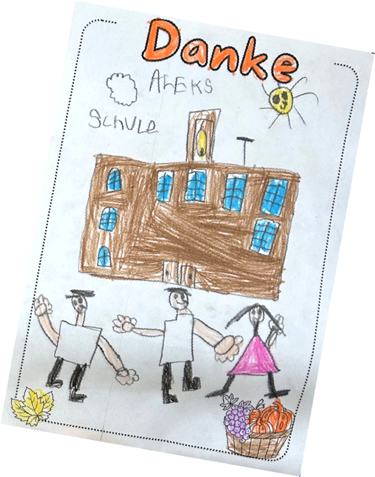 Kinderzeichnung mit Schulgebäude, Kindern und dem Wort Danke