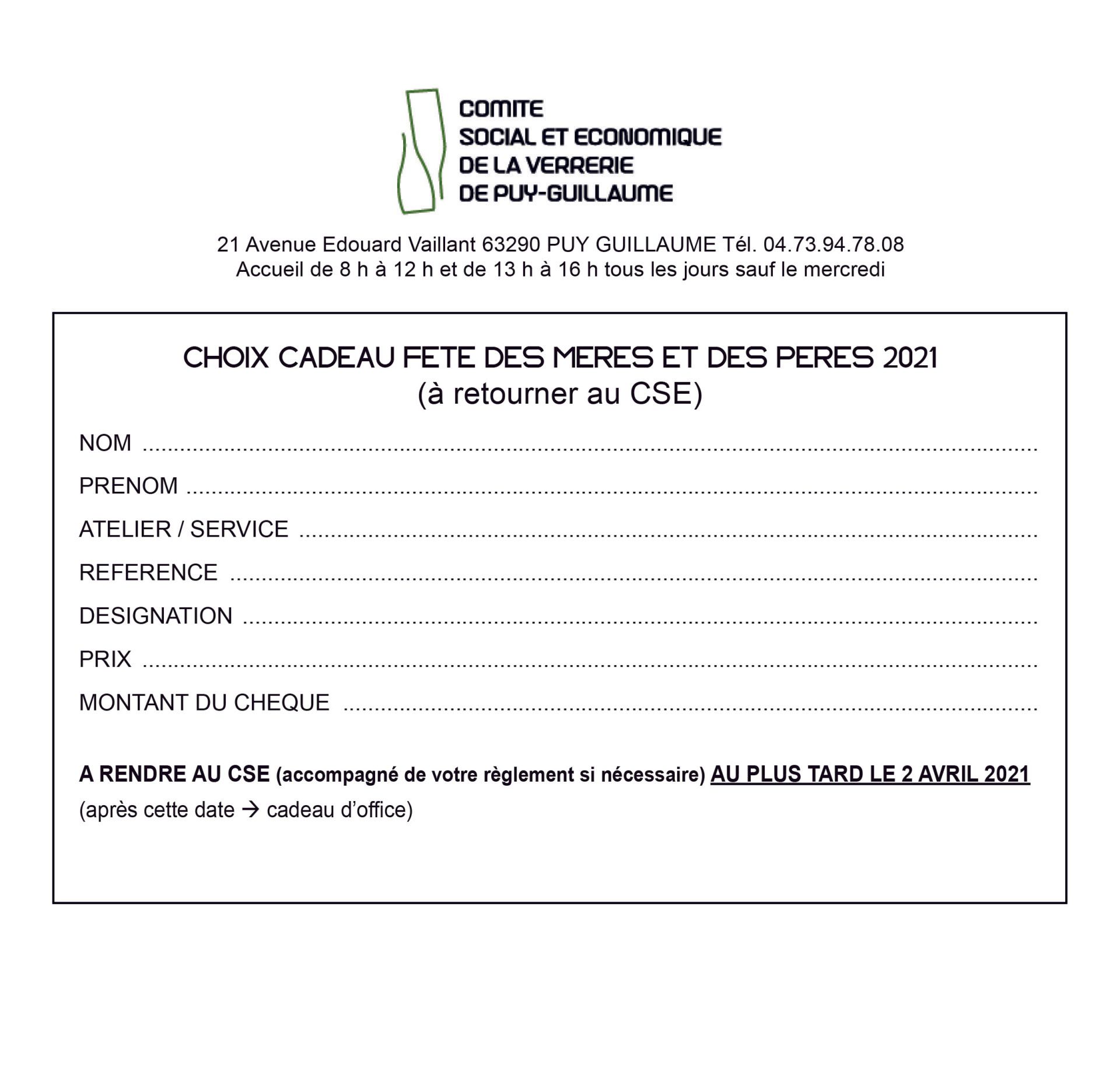 fiche choix cadeau cse verrerie puy guillaume