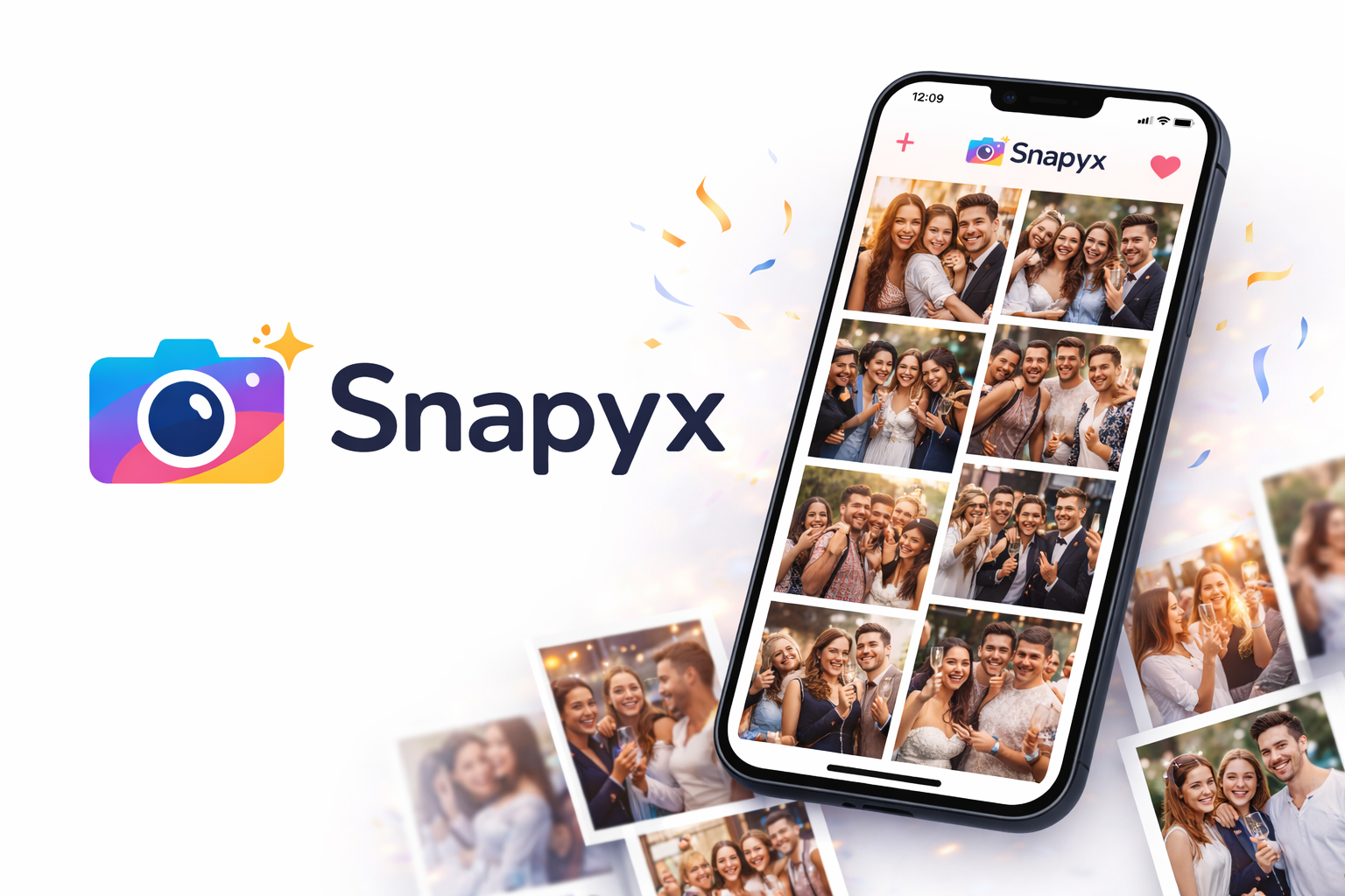 Application Snapyx affichant une galerie photo de mariage en temps réel sur smartphone