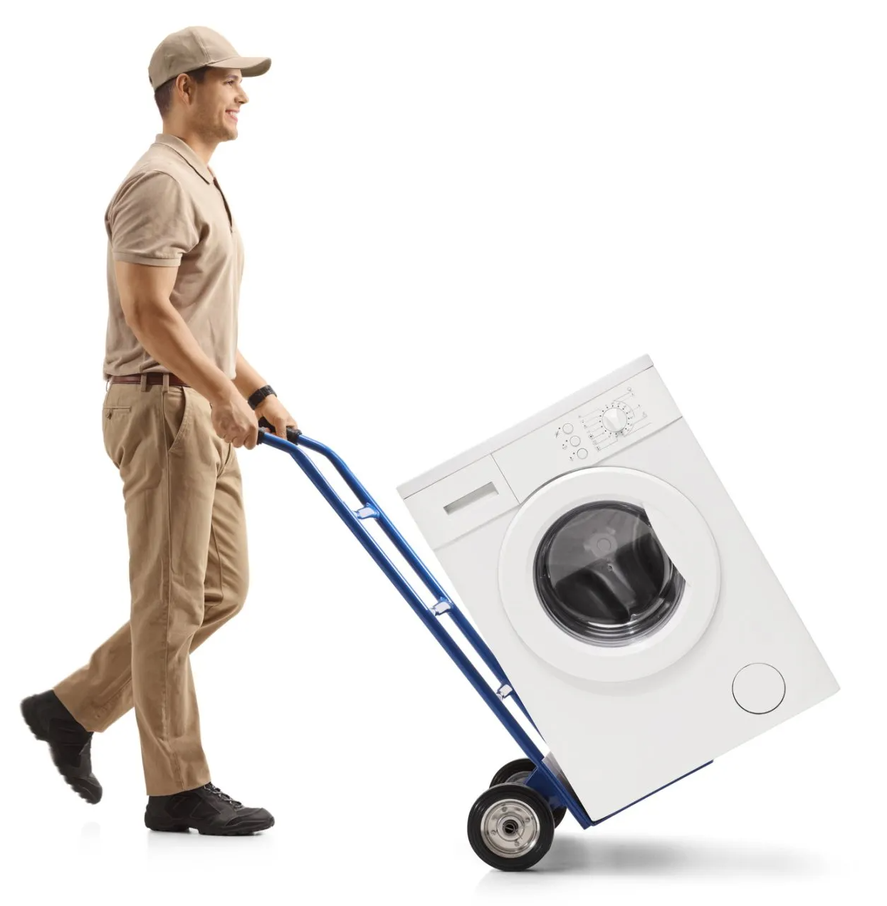 Mann transportiert eine Waschmaschine auf einer Sackkarre – Zuverlässiger Haushaltsgeräte-Service vor Ort.