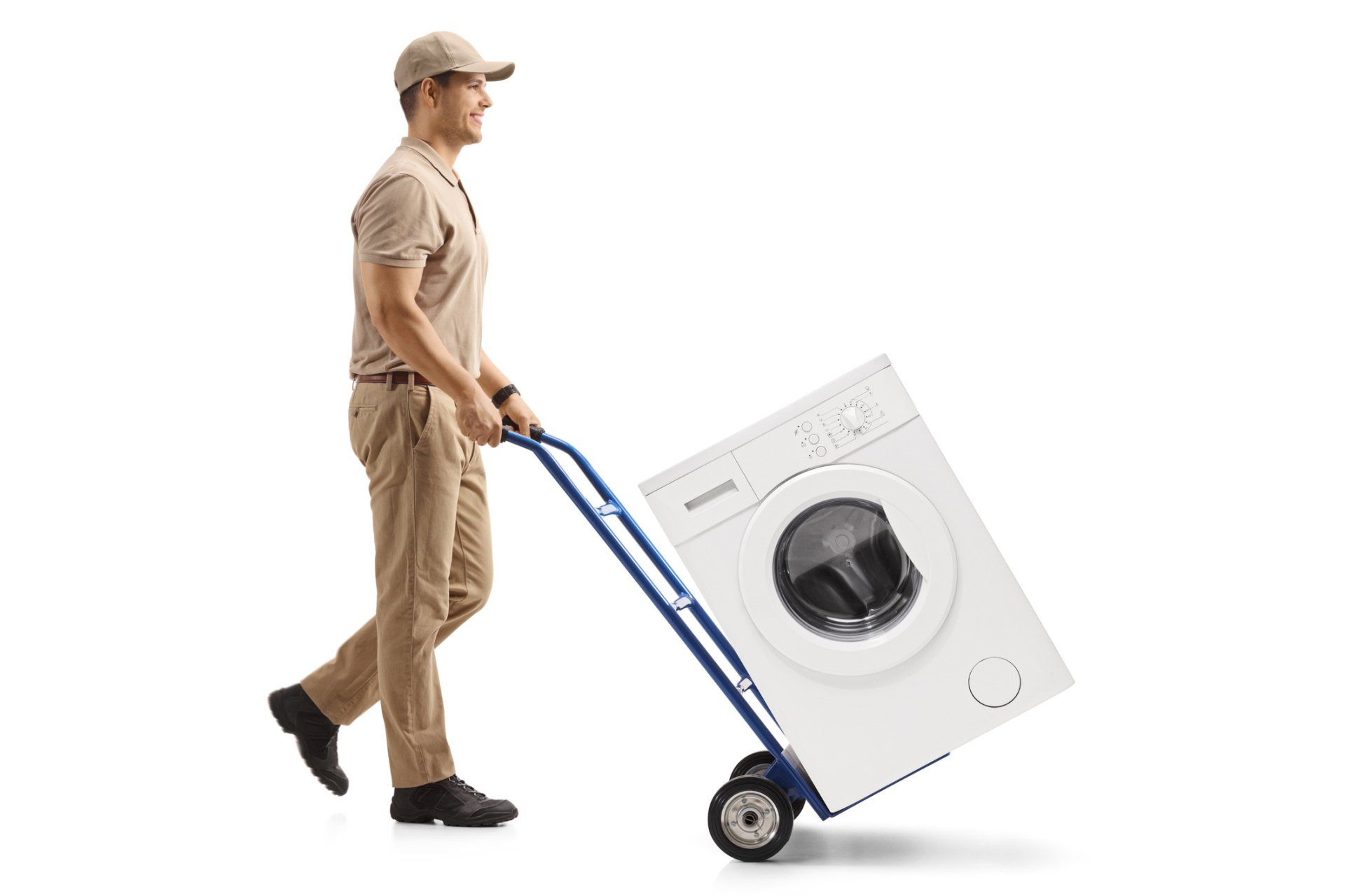 Mann mit Sackkarre transportiert Waschmaschine