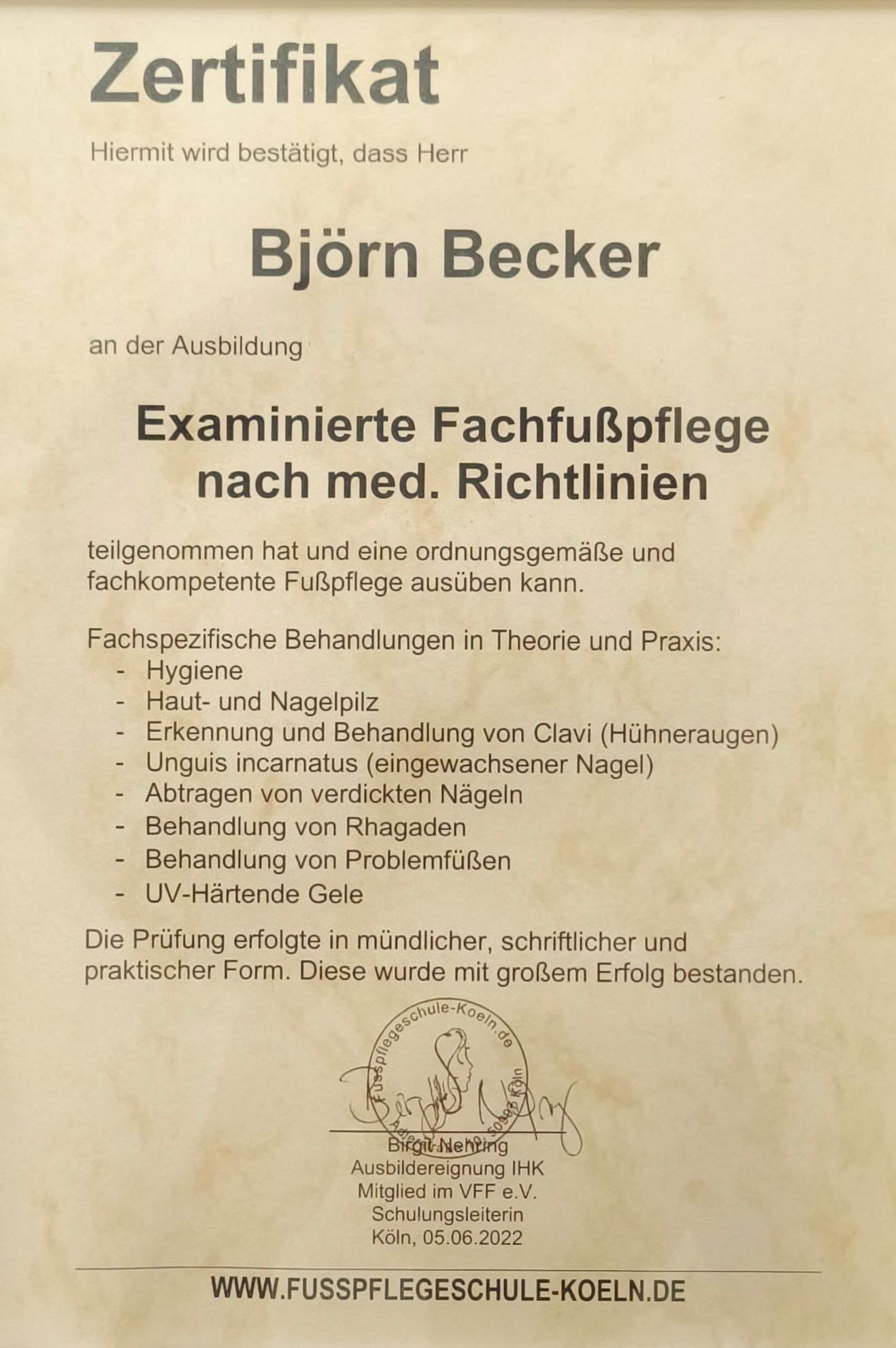Zertifikat Fußpflege Becker