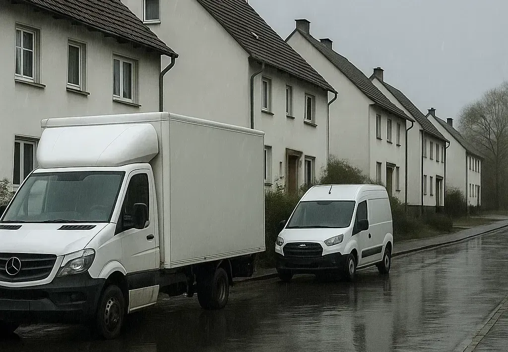 Umzugsunternehmen mit Fuhrpark bei Regen während des Umzugs