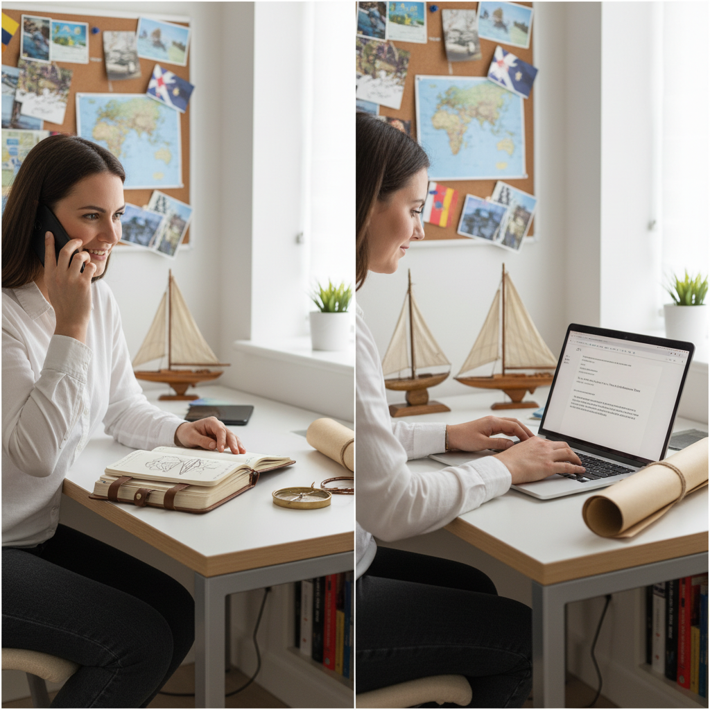 KI-generiertes Foto einer Beraterin am Tlefon und am Schreibtisch vor dem Computer