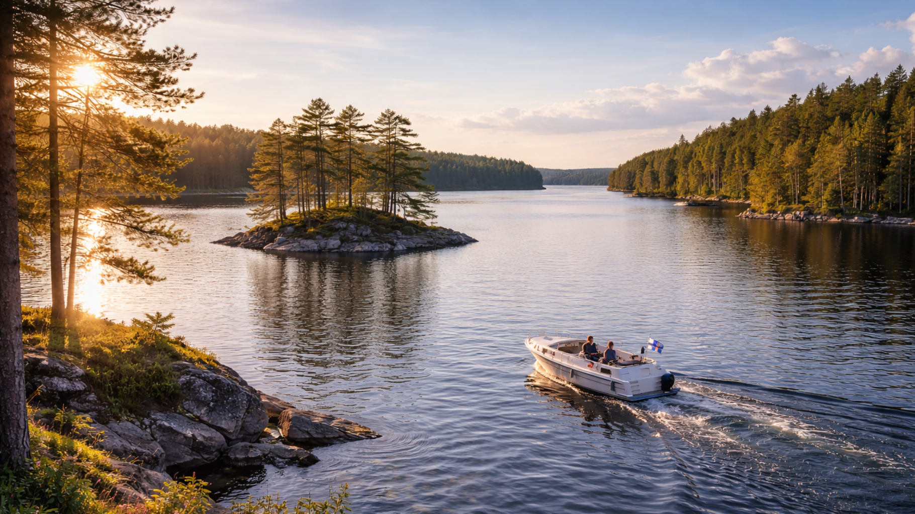 Hausbooturlaub in Finnland — goldener Sommerabend über dem Saimaa-See