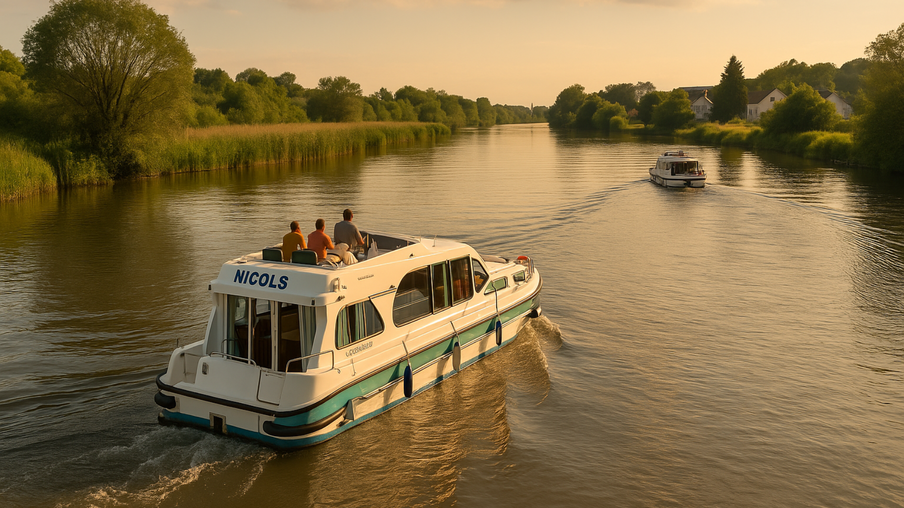 Hausbootferien in Ungarn, KI-generiertes Foto eines Hausbootes auf dem Fluss Theiß