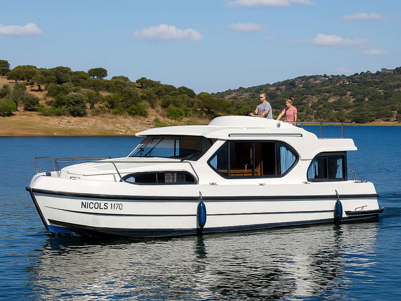 Hausbooturlaub in Portugal, KI-generiertes Foto eines Hausbootes auf den Grande Largo