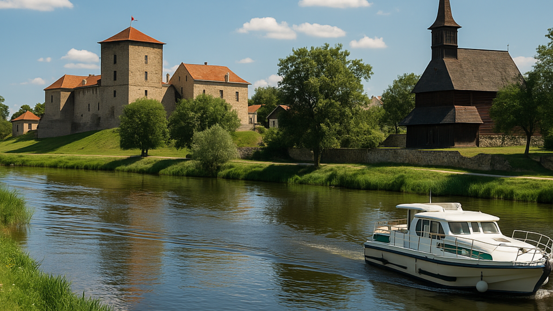 Hausbooturlaub in Ungarn, KI-generiertes Foto eines Hausbootes vor einer Stadt fahrend auf dem Fluss